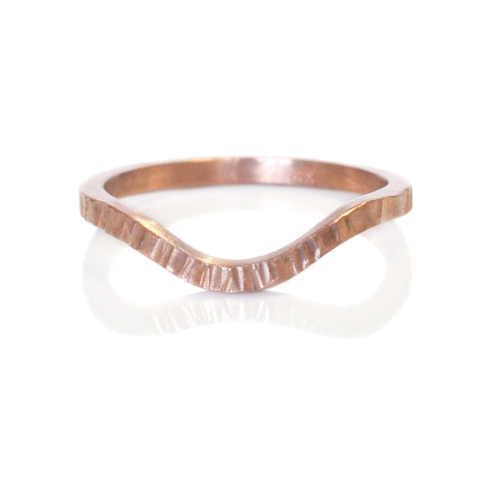 Linear hammered, contoured red gold wedding band. Handmade by EC Design Jewelry in Minneapolis, MN using recycled metal.