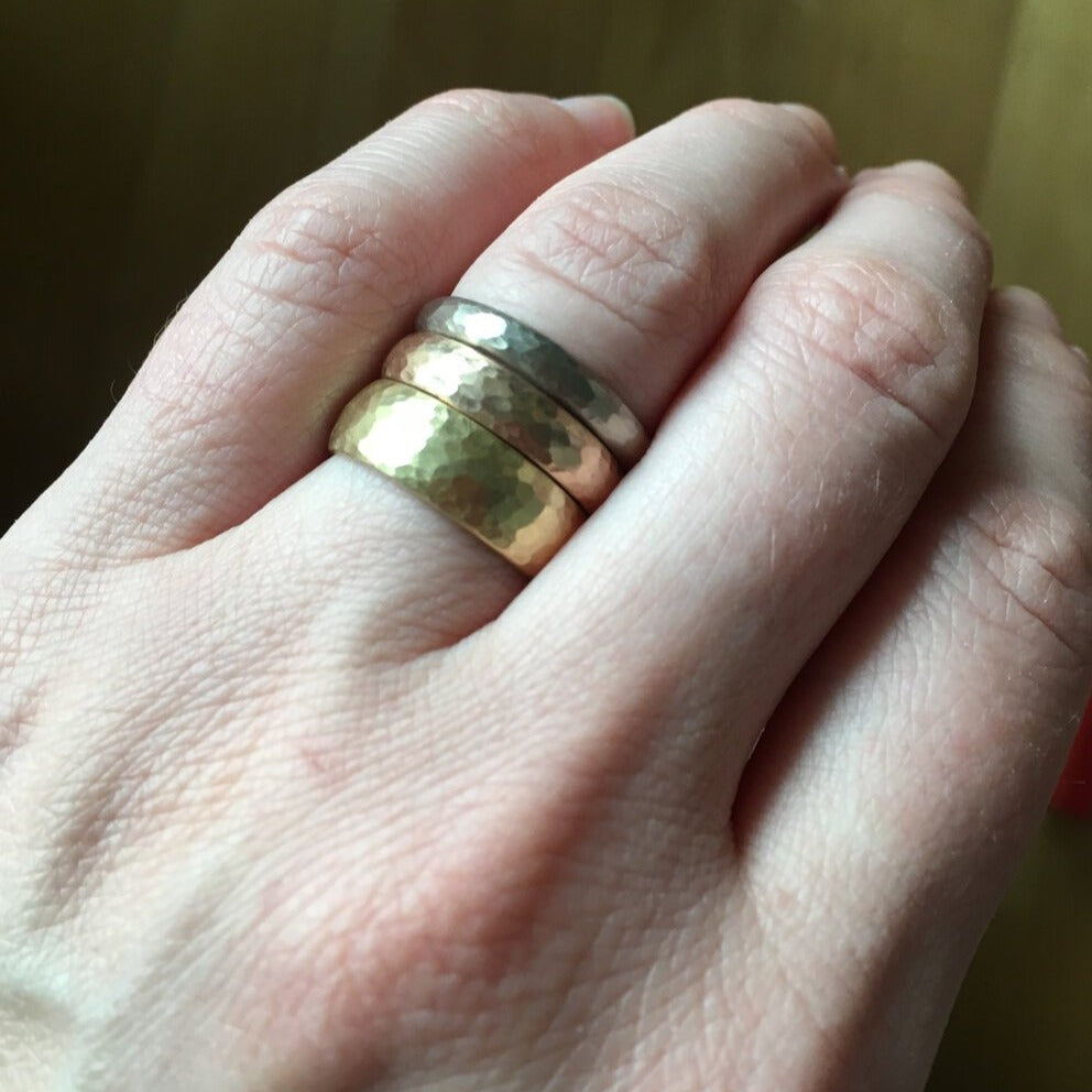 Handmade 14k red gold hammered band. Made by EC Design Jewelry in Minneapolis, MN using recycled metal.