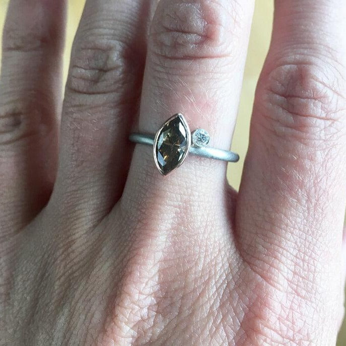 Cognac diamond engagement ring with diamond accent. Handmade by EC Design in Minneapolis, MN.