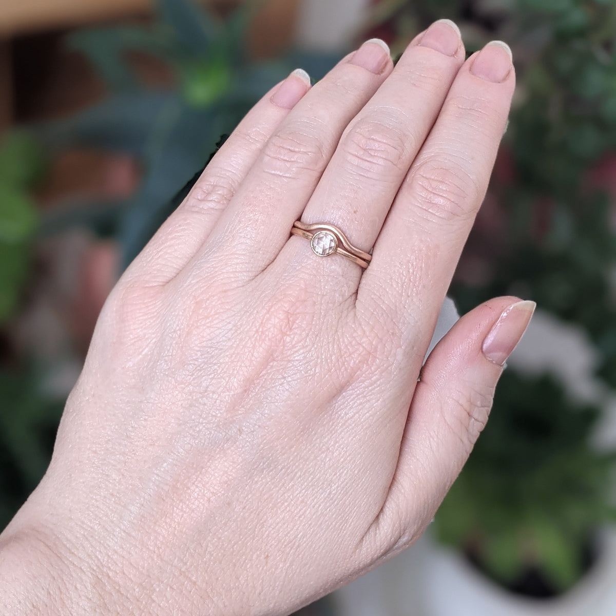 Rose gold contour band paired with a rose cut diamond solitaire. Handmade with recycled metal and conflict-free stone.