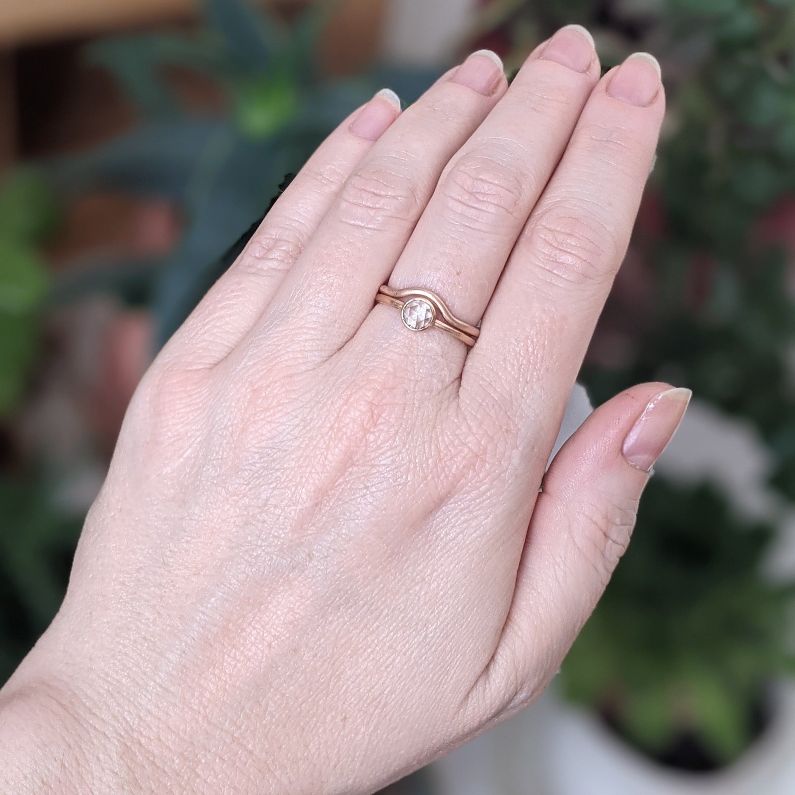 Rose cut champagne diamond solitaire in satin finished rose gold. Handmade by EC Design Jewelry in Minneapolis, MN using recycled metal and conflict-free stone.