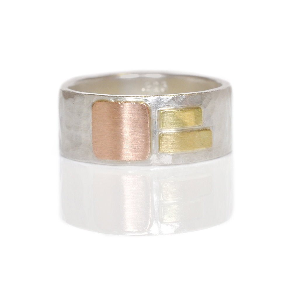 8mm Band in Hammered Sterling Silver with Mixed Gold Accents