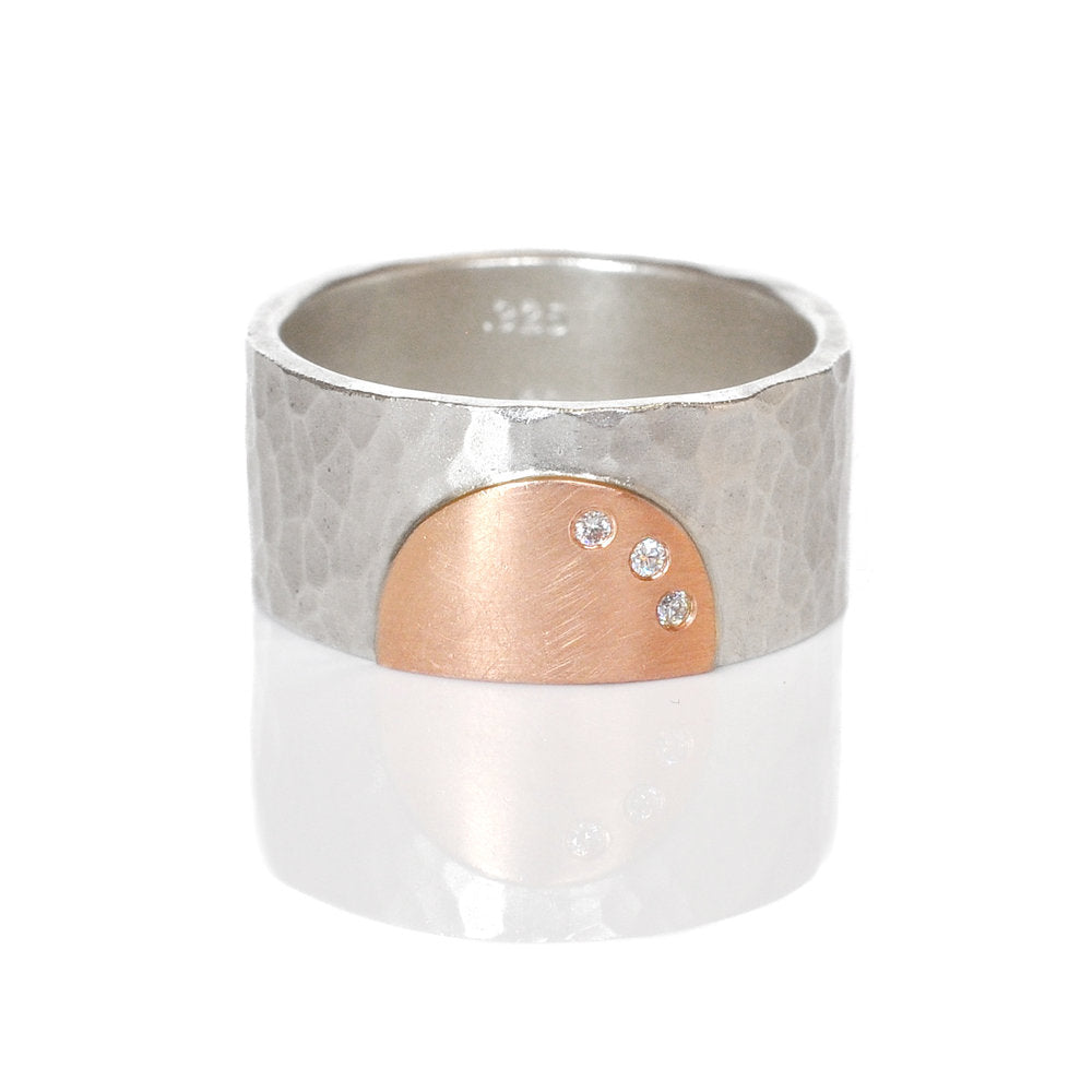 Hammered silver band with red gold and white diamonds. Handmade by EC Design in Minneapolis, MN using recycled metal and conflict-free stones.