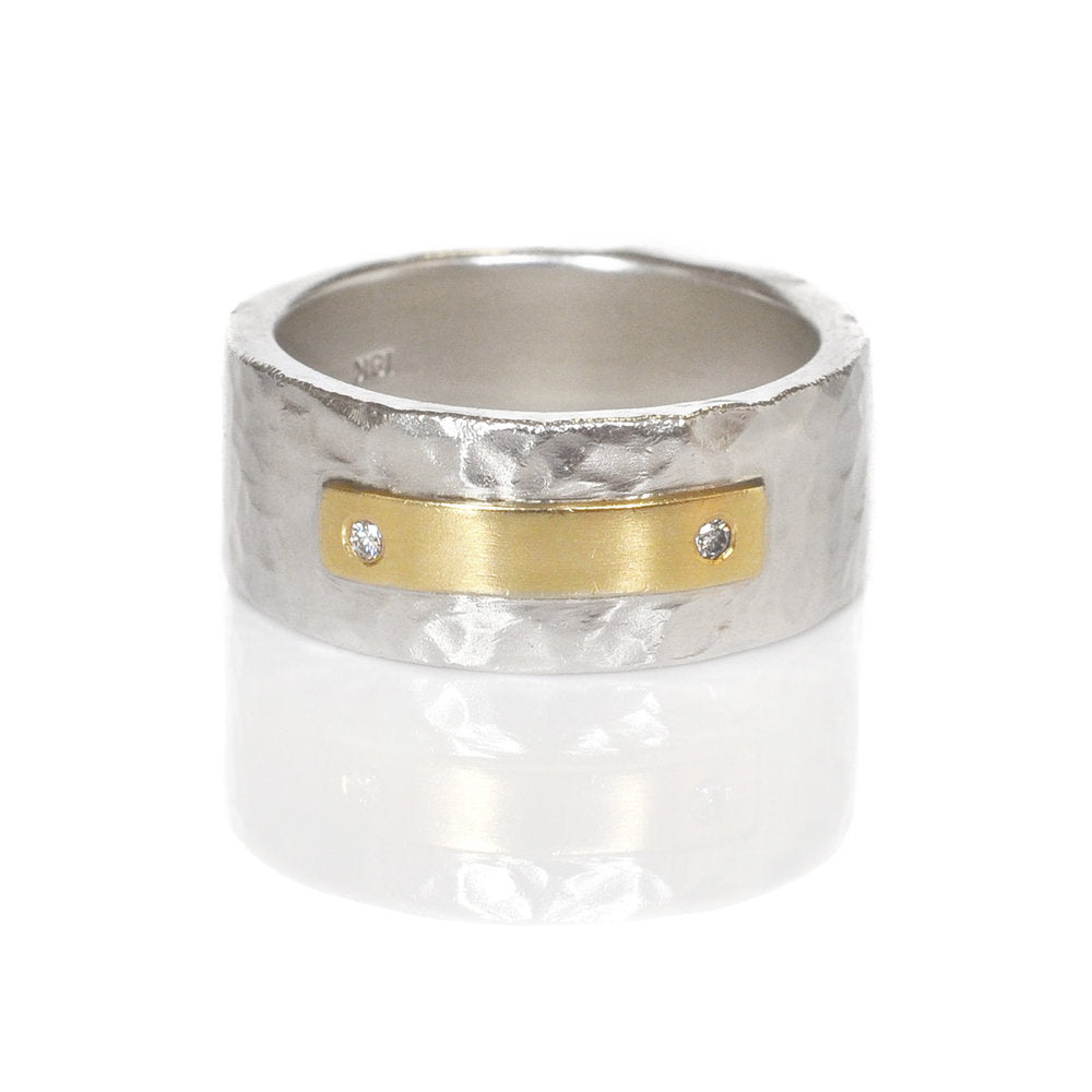 Hammered sterling silver band with yellow gold and diamond accents. Handmade by EC Design Studio in Minneapolis, MN using recycled metal and conflict-free stones.