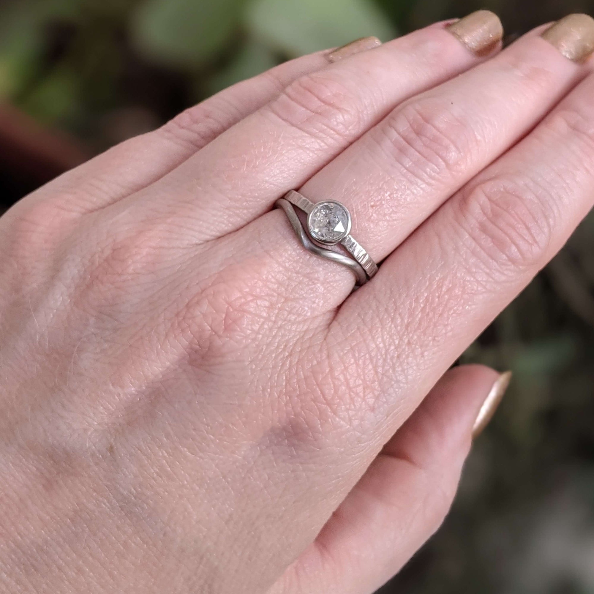 Rose cut ice diamond and palladium engagement ring. Handmade by EC Design Jewelry in Minneapolis, MN using recycled metal and conflict-free stone.