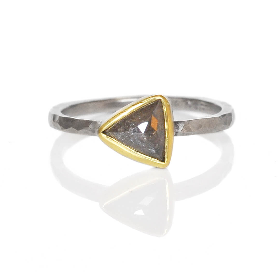 Rustic gray triangle diamond set in yellow gold on a palladium band. Handmade by EC Design Jewelry in Minneapolis, MN using recycled metal and conflict-free stone.