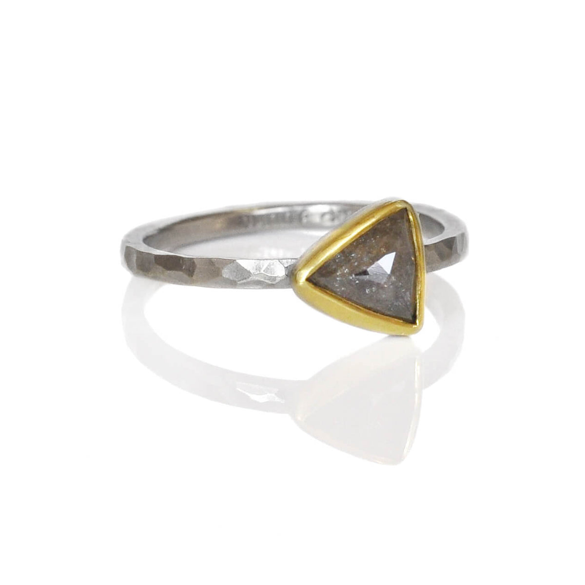 Rustic gray triangle diamond set in yellow gold on a palladium band. Handmade by EC Design Jewelry in Minneapolis, MN using recycled metal and conflict-free stone.