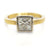 Alternative engagement ring with princess cut Moissanite in white and yellow gold. Handmade by EC Design Jewelry in Minneapolis, MN using recycled metal and conflict-free stone.